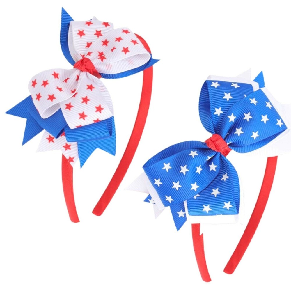 Girls July 4th Headbands Red White Blue American Flag Hair Bows, 2-Pack